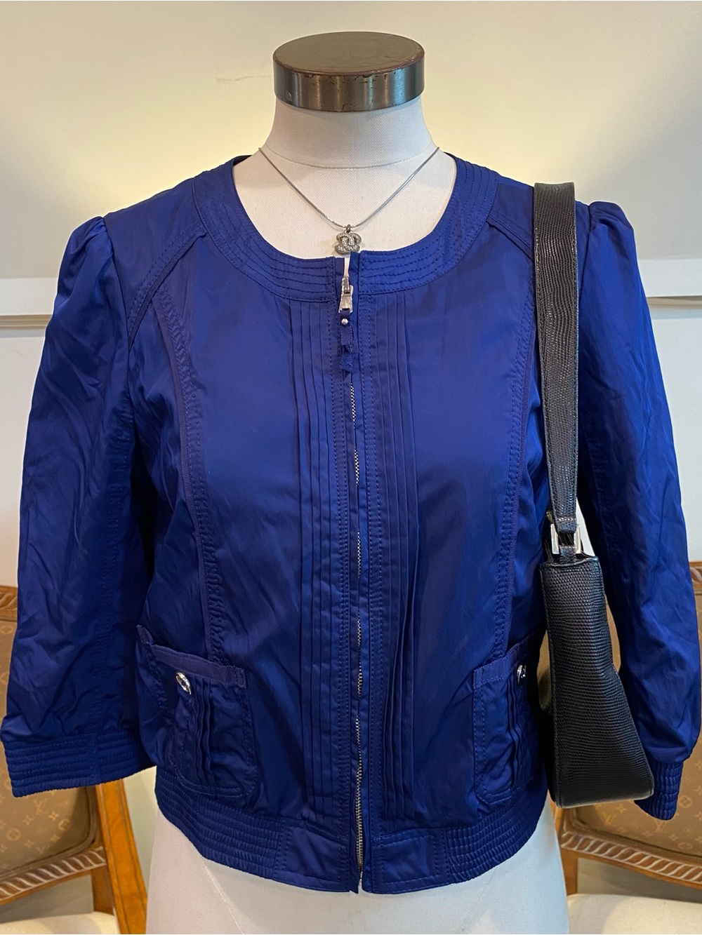 White House Black Market Cobalt Blue Zip Cropped Bomber Moto Jacket, Small